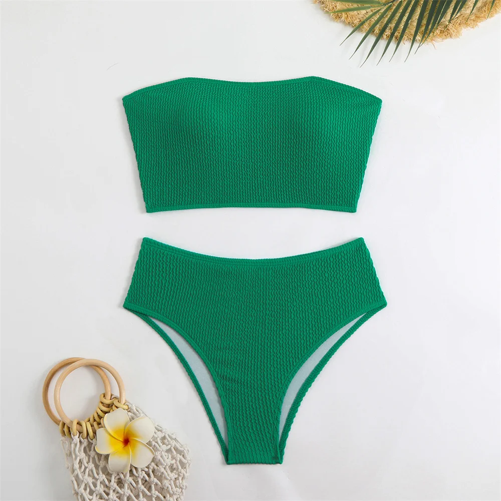 High Waist Bikini Strapless Bandeau Swimsuit Ribbing Vacation Swimwear Solid Bathing Suit Women Beach Outfit Traje De Bano Mujer
