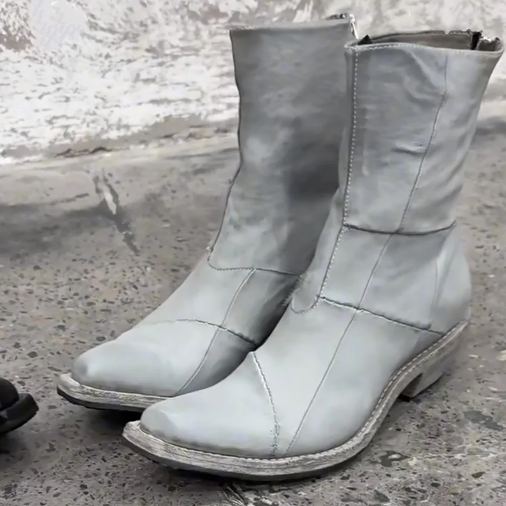 Men's Fashion White Sewing Side Zipper Riding Boots Pointed Toe Thick-Heel Mid-calf Punk Splice Western Chelsea Boots Square Toe
