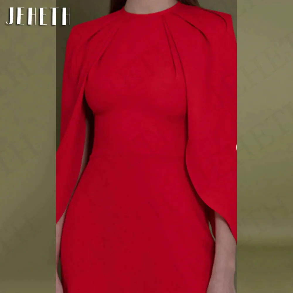 JEHETH Elegant Dubai Mermaid Evening Dresses Red Simple O-Neck Cape Sleeves Formal Prom Dress Stretchy Soft Satin فساتين سهرات