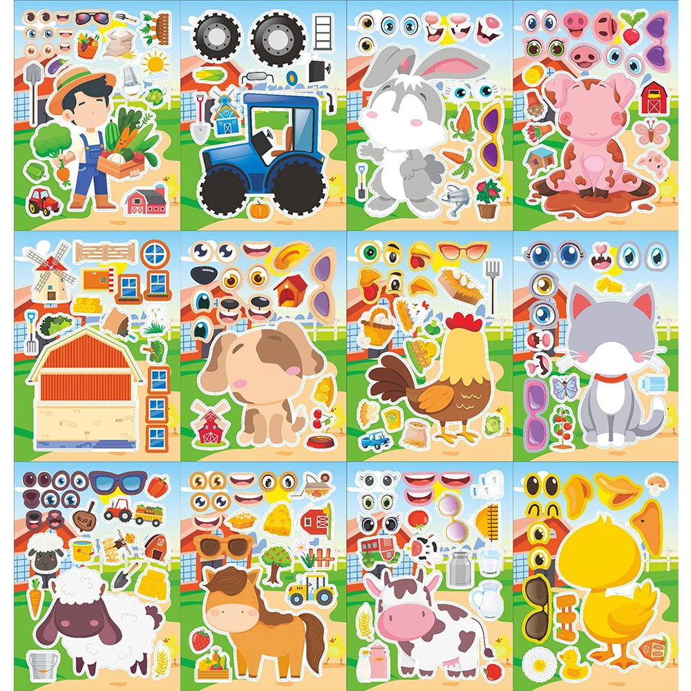 6/12 feuilles enfants bricolage animaux de ferme faire un visage Puzzle autocollants créer votre propre vache chien lapin assembler Puzzle décoration jouets