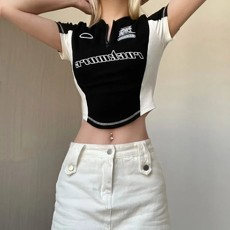 

Black Short Sleeve Women's T-shirt Summer Letter Embroidery Patchwork Sexy O-Neck Crop Top Casual Fashion Zippers T Shirt Female