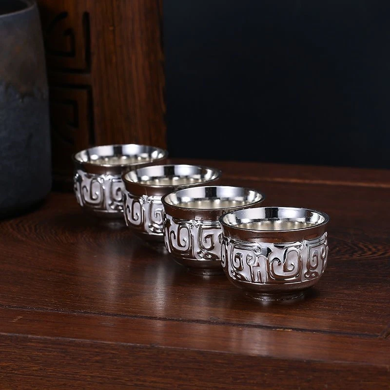 Silver cup 999 sterling silver dragon Totem tea set wine tray pot Chinese retro tea set holiday gift