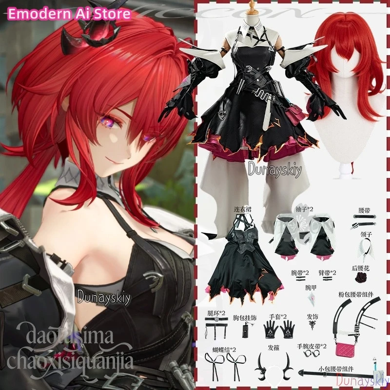 

Emodern Ai Arknight: Endfield Cosplay Laevatain Costume Punk Black Sexy Design Dress Y2K Demon Horn Headwear Red Wigs Halloween