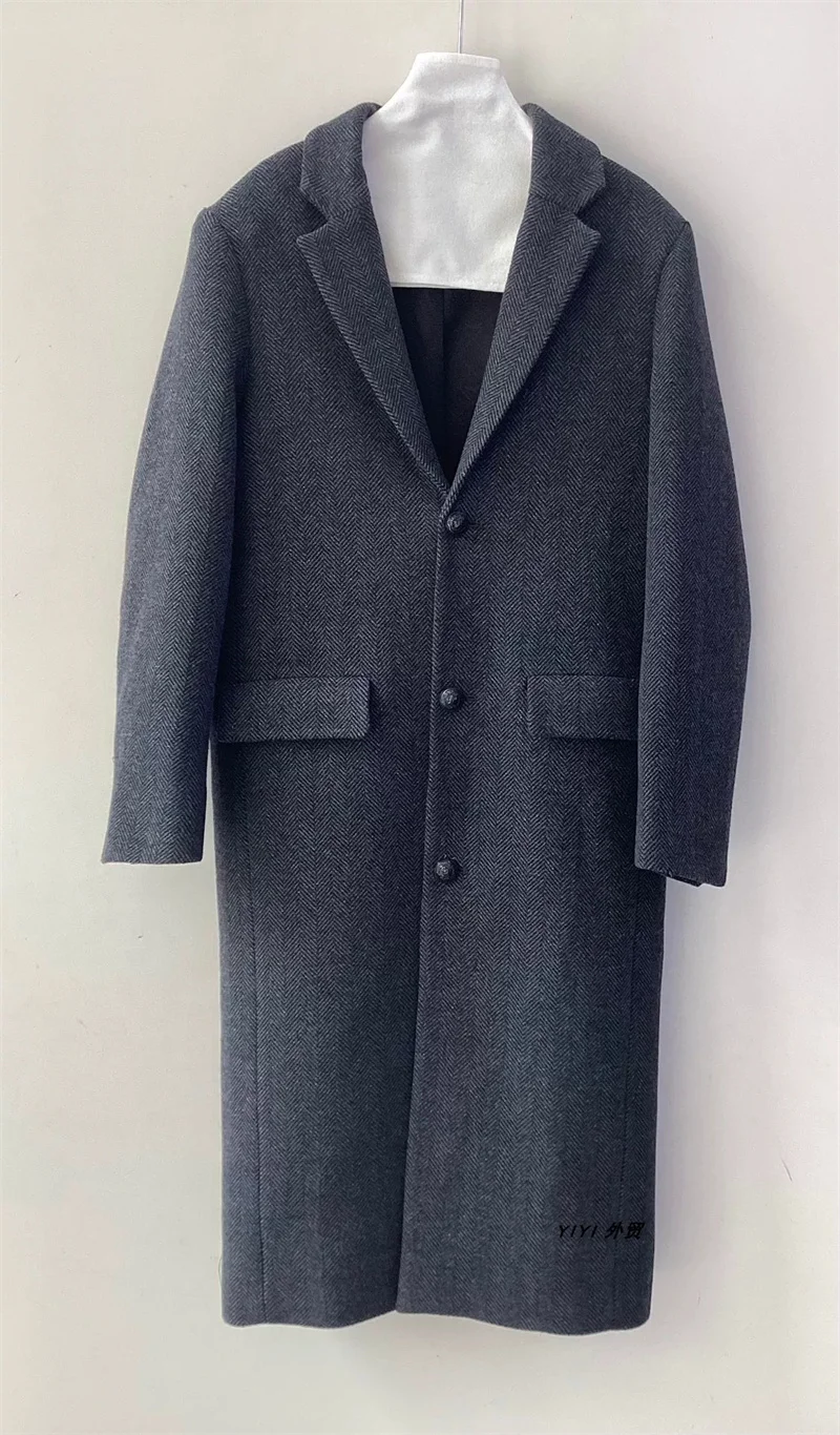 Herringbone Women Autumn Winter Mid-Length Coat Solid Color Long Sleeve Single Breasted Fashion Jacket Spring New
