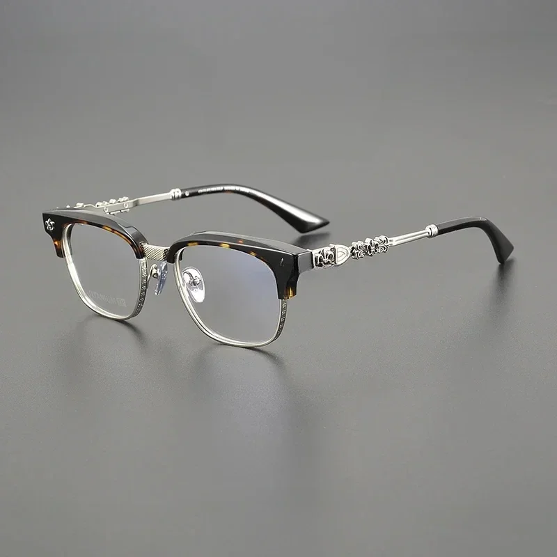 2023 High-End Handmade Carved Eyewear Pure Titanium Medium Gold Glasses Luxury Italian Acetate Half Frame Myopia Glasses