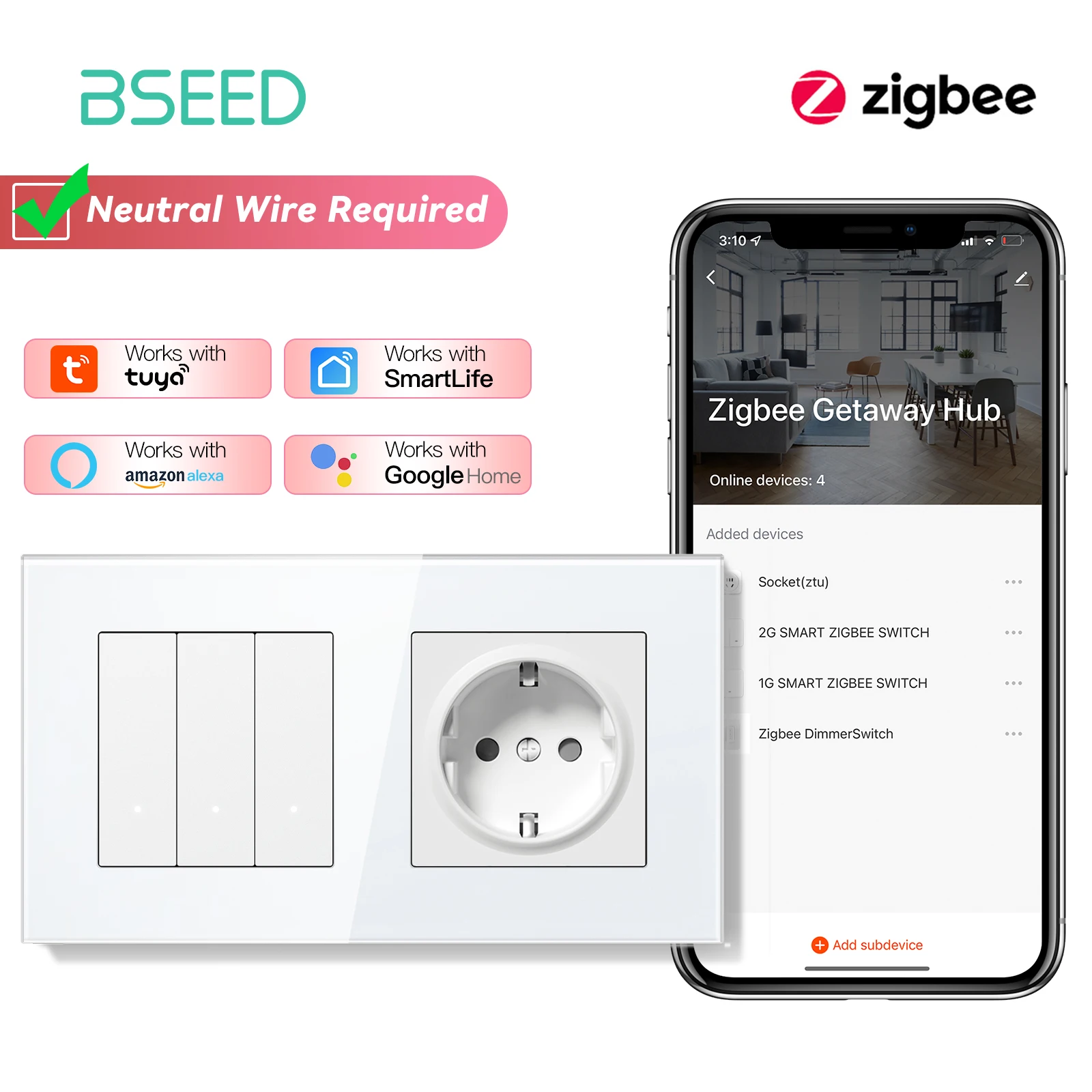 BSEED Zigbee 1/2/3Gang Tuya Lichtschalter Smart Click Buttons Smart Life Alexa App Plus EU-Buchsen USB-C-Anschlüsse ohne Zigbee 6