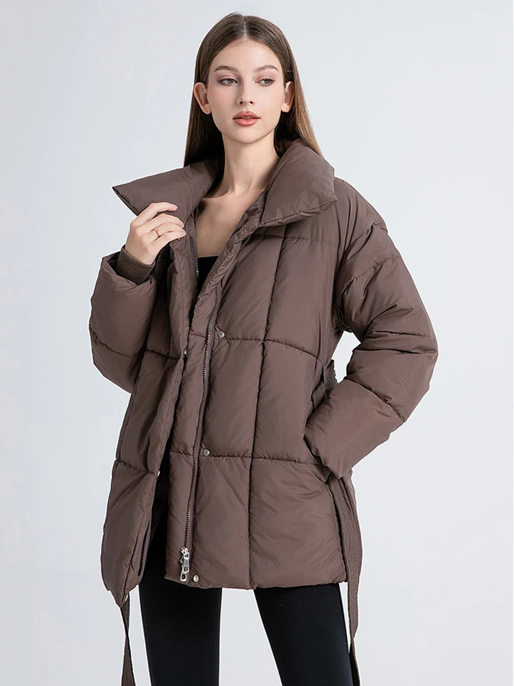 Mode Dames Gewatteerde Jas Herfst Winter Lace Up Stand Kraag Gewatteerde Jas Solid Casual Warm Windjack Bovenkleding Nieuwe Parka's