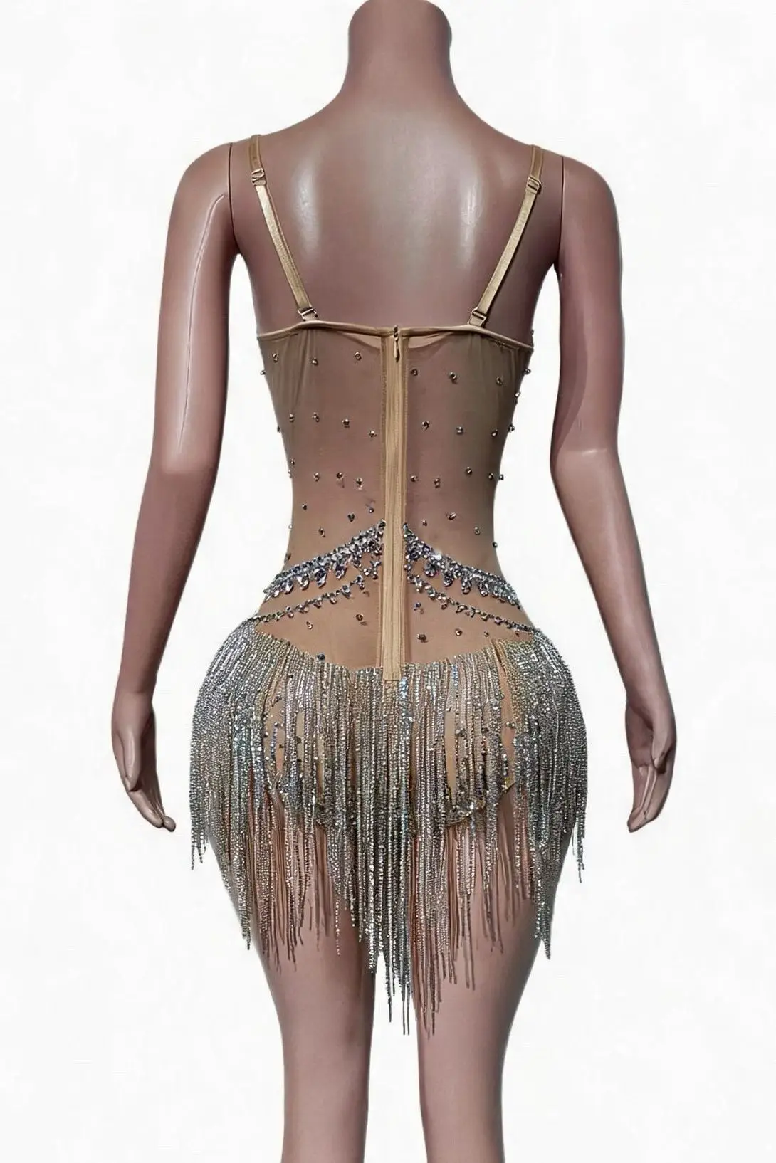 Yushilian Nude Mesh Strap Silver Rhinestone Fringe Mini Bodysuit Sweetheart Bust Sunburst Crystal Tassel Latin Dance Outfit