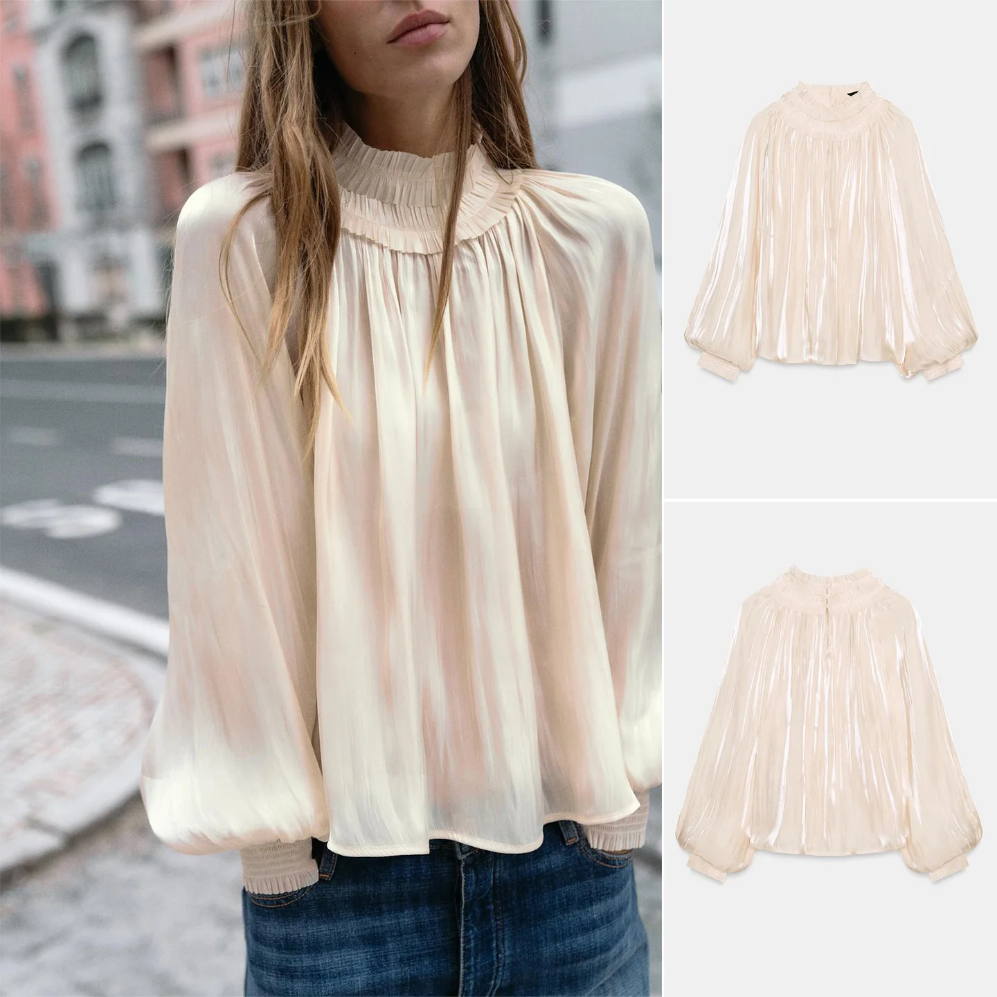 

Spring New Women's Casual Style Long Sleeve Stand Collar Layered Decoration Silk Satin Feel Shirt Breathable Polyester Fiber