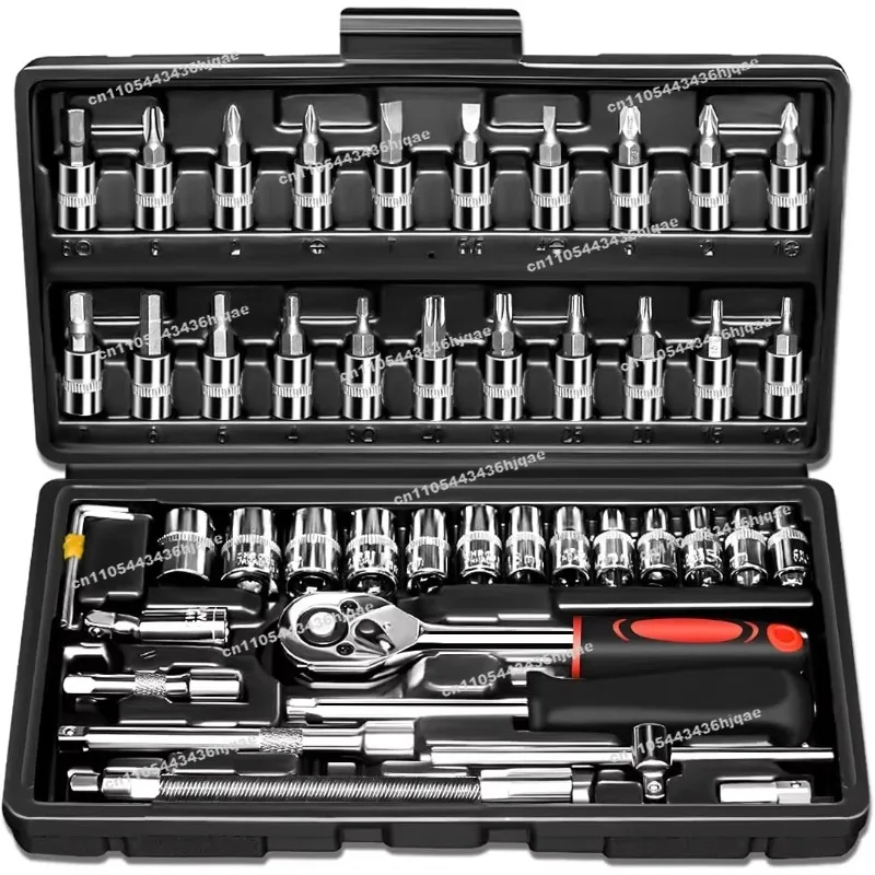 

46 Pcs 1/4 Inch Drive Socket Ratchet Wrench Set Metric Drill Bit Sleeve Extension Bar Hand Tool Box Set for Auto Repair Garden