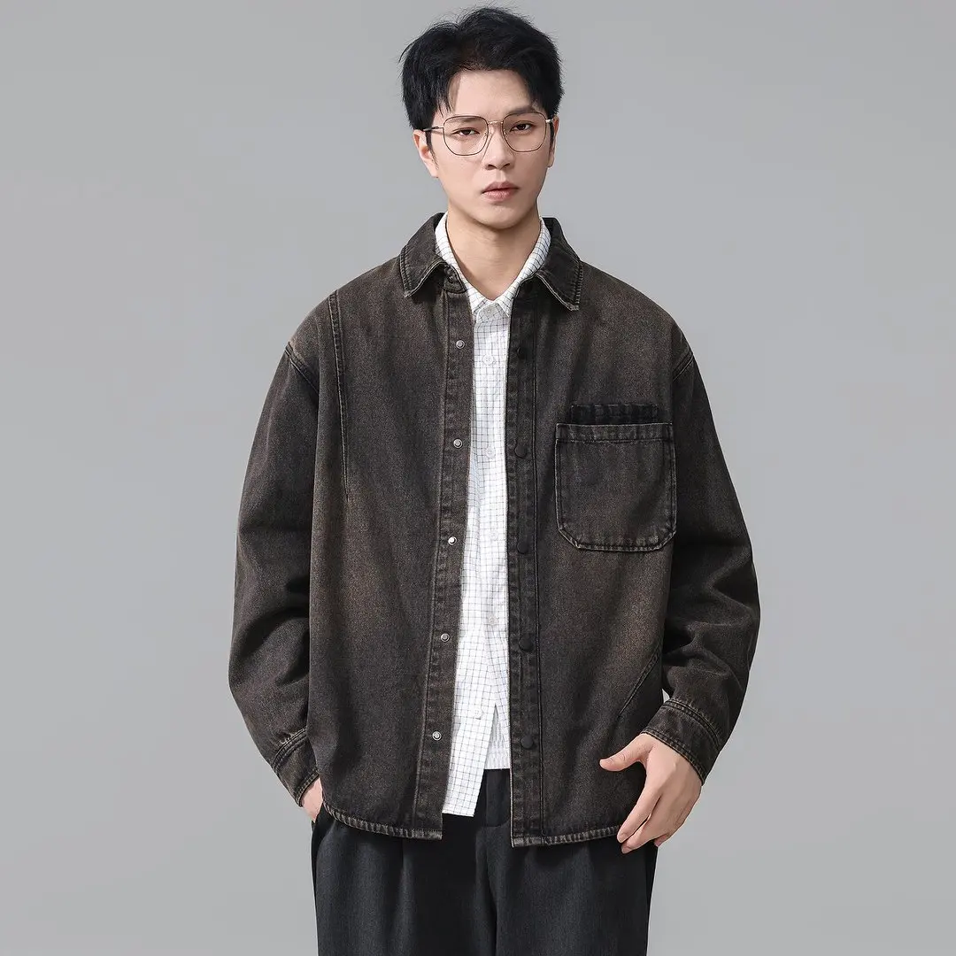 Denim Shirt Style Coat Men American Vintage Fashion Streetwear Loose Casual Long Sleeve Denim Cargo Shirts Jeans Jacket Tops