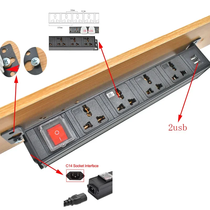 Multipresa PDU Porta C14 Presa da tavolo Prese elettriche per ufficio nascoste 1-9AC 10A Presa di uscita universale Carica USB