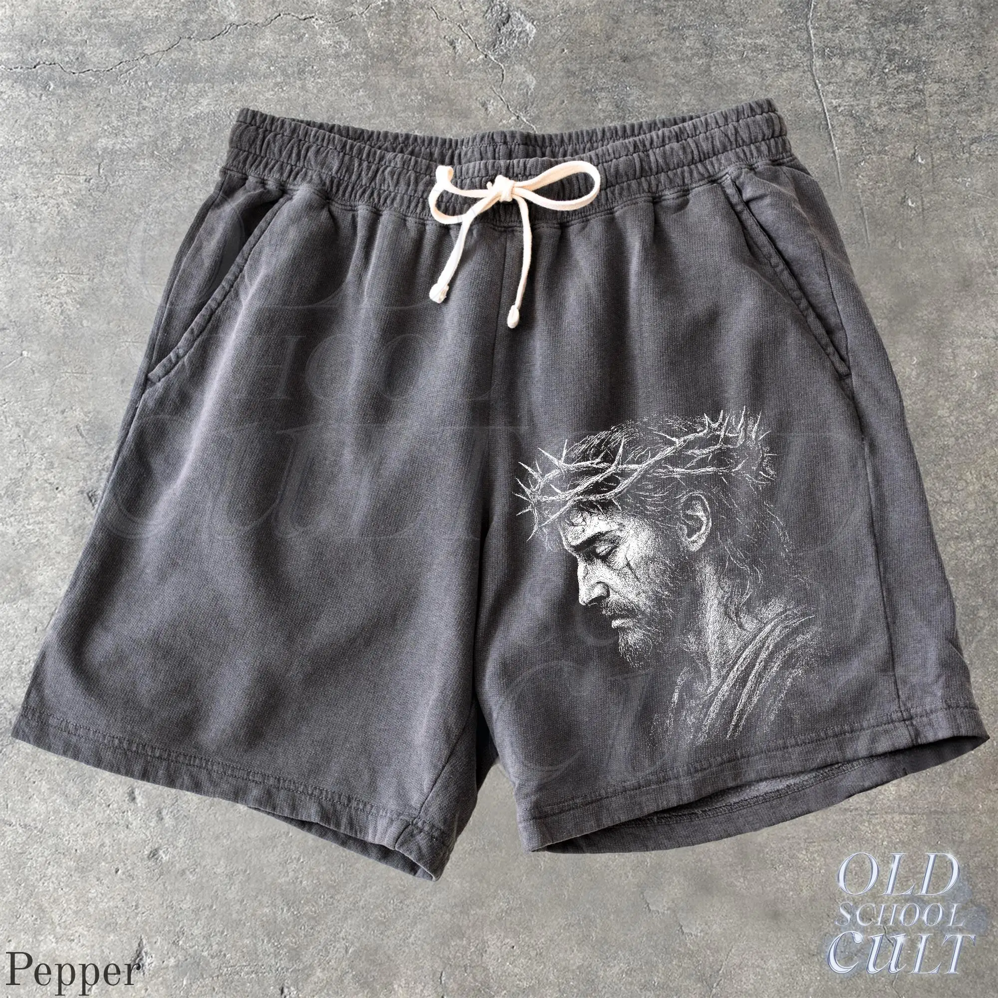 2026 Summer Jesus Portrait Y2k Fleece Sweat Shorts, Retro Crown of Thorns Washed Sport Shorts, Grunge Dyed Pants, Faith Gifts