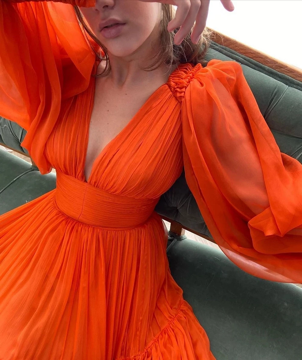 Bafftafe A Line Pleated Orange Chiffon Prom Dresses Customized Puff Long Sleeves V Neck Women Evening Dress Formal Party Gowns