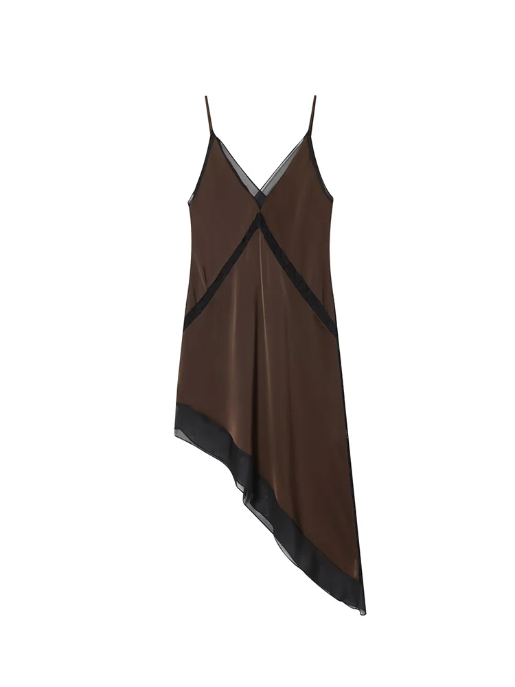 ﻿ TFMLN Women's Asymmetry Satin Dress 2026 New Chic Elegance Sexy V-neck Sling Evening Fashion Irregular Hem Splice Midi Dress