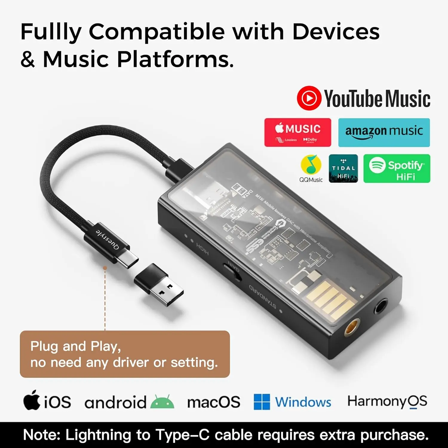 

M15i Headphone Amplifier [MFi Certified] Portable USB DAC Amps with 4.4mm and 3.5mm Dual Outputs Supports PCM 768kHz