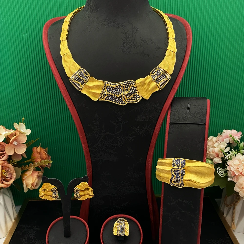 

JRH African Bridal Dubai Gold Jewelry Set 4Pcs Gold Plated Copper Cubic Zirconia Necklace Ring Bracelet Earrings
