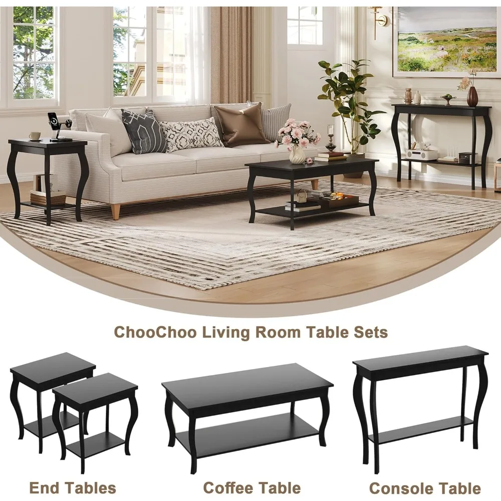 Mesa de centro moderna com perna curvada e armazenamento, peça central da sala de estar de 39 polegadas em preto