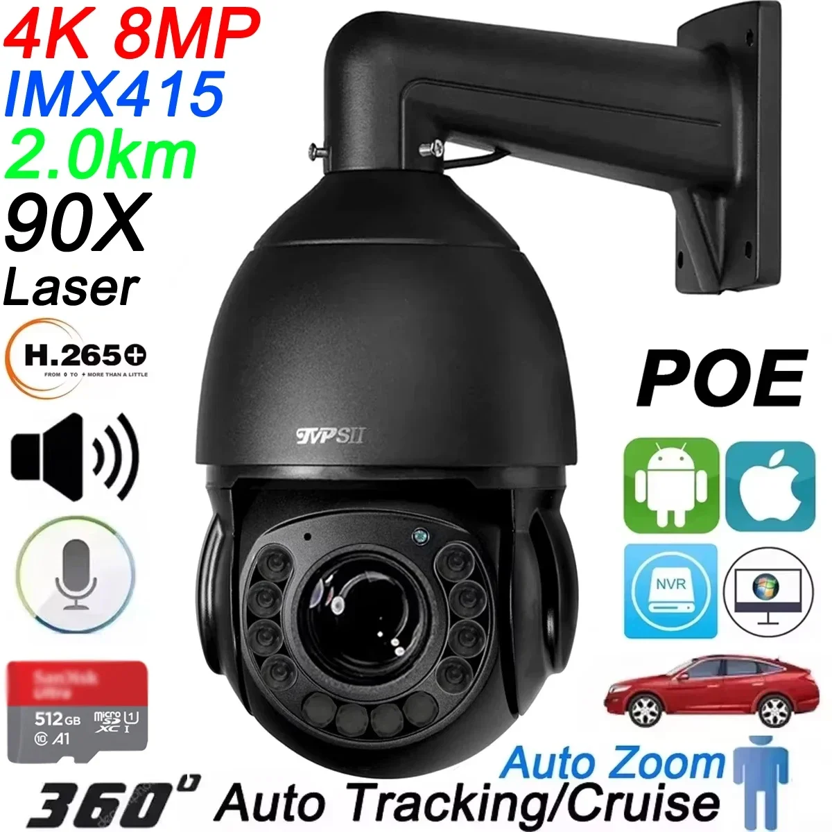 

Onvif HIk Max.512G Laser Infrared Metal Auto Tracking 8MP 4K 90X Optical Zoom 360° Audio POE PTZ Speed Dome Surveillance Camera