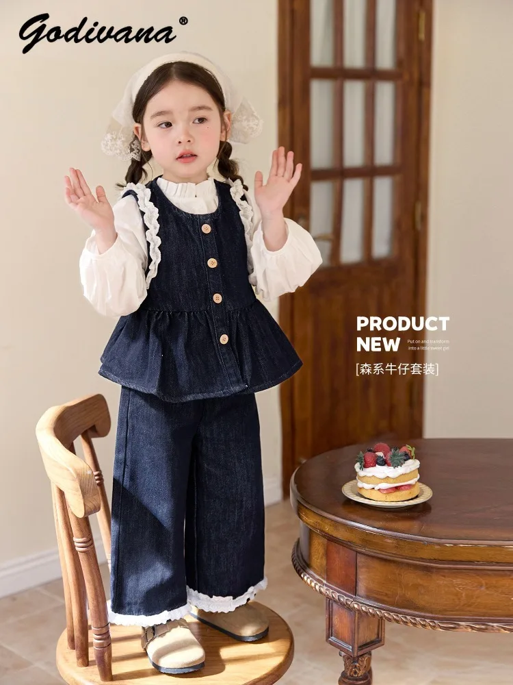 

2026 Spring New Girls 3pcs Denim Outfit Childrens Fashion Lace Trim Sleeveless Denim Vest Puff Sleeve Shirt Wid Leg Pants Sets