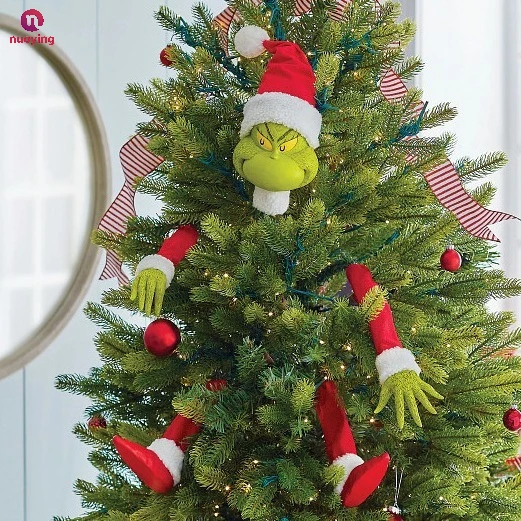 Set di 5 decorazioni per l’albero di Natale, con elementi a forma di testa, braccia e gambe di elfi, ideale per creare un’atmosfera festosa e per decorare la cima dell’albero.