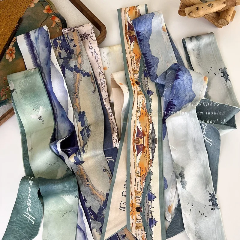 

Elegant New Chinese Style Long Silk Scarf Multi Use Hair Tie Headband Bag Decor Belt Women Versatile Bohemian Style Gift Choice