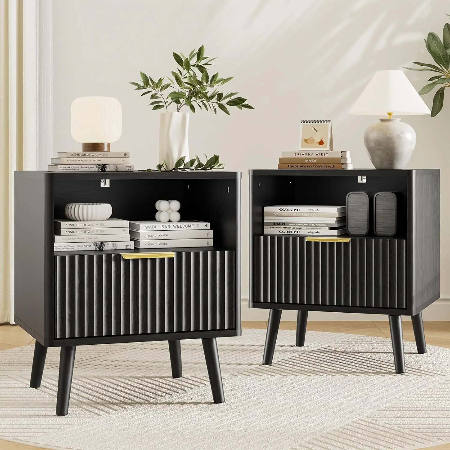 Fluted Nightstand Set 2 With Drawer & Open Shelf, Wooden Bedside Table For Bedroom Office, Black, Customized