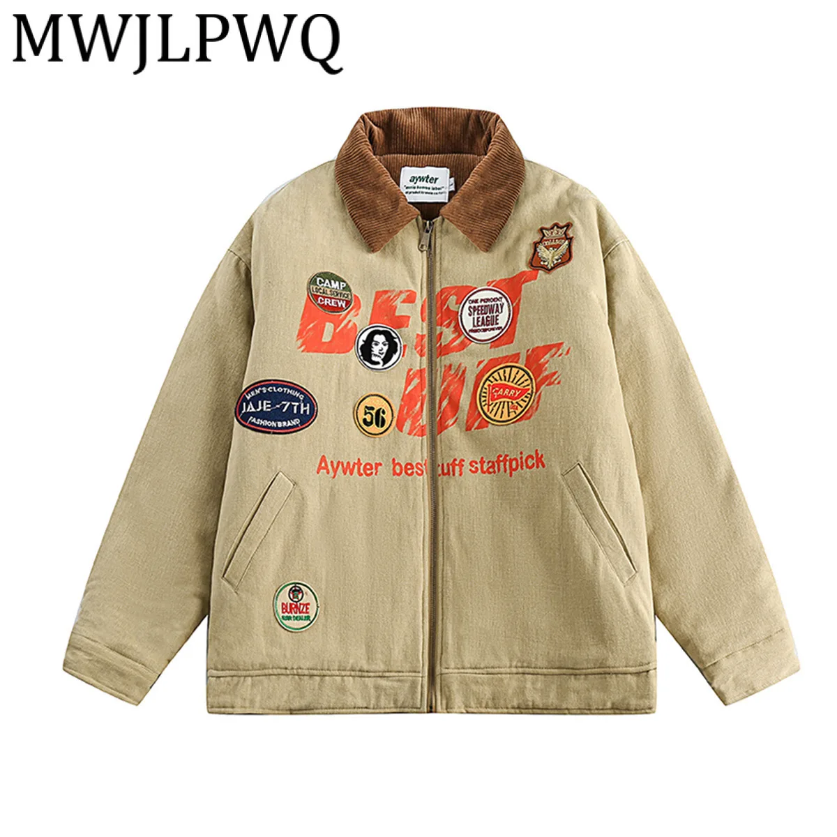 

MWJLPWQ Men's 2025 New Winter Warm Jacket American Style High Street Printed Design Lapel Long Sleeve Washed Couple's Coat 21279