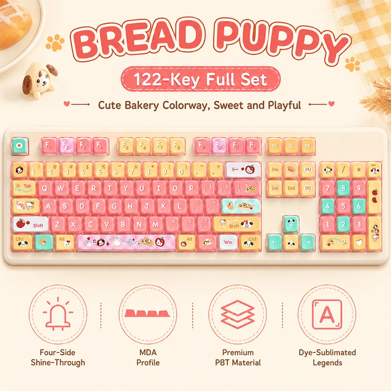 122key/set PBT Bread Pup keycap MDA High Pudding Four sided Transparent Thermal Sublimation Mechanical Keyboard Keycap