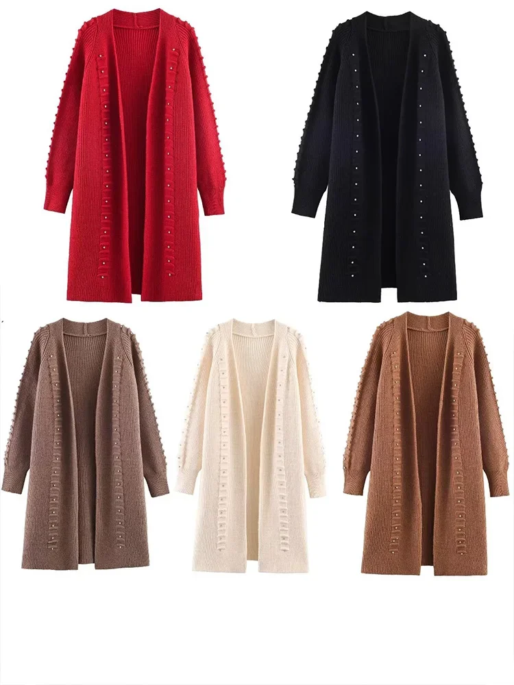 Women Fashion Rivet Decoration Long Sleeve Cardigans Women Autumn Chic Textured Solid 5-color High-elastic Knitting Long Coat