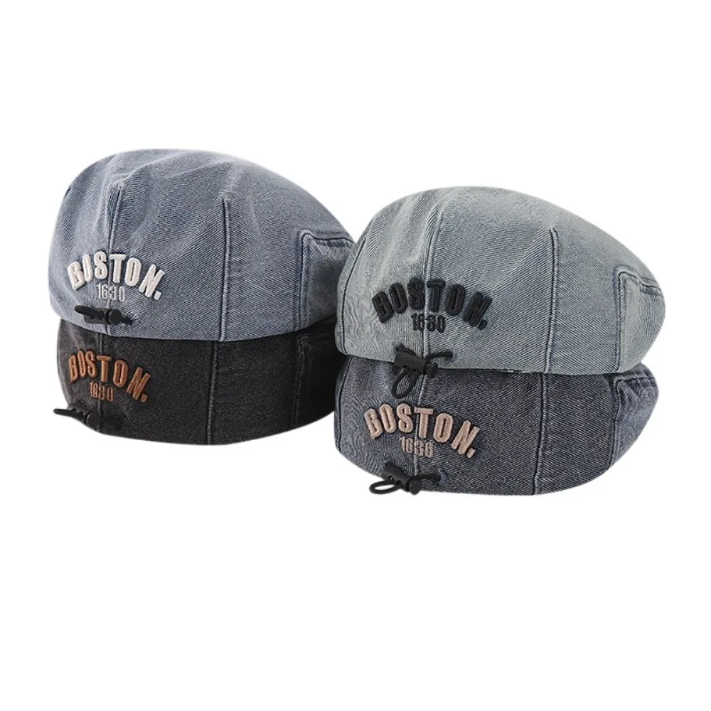 Retro Embroidery Kids Denim Beret Fashion Solid Color Spring Autumn Sun Hat For Boy Girl Outdoor Adjustable Forward Hat