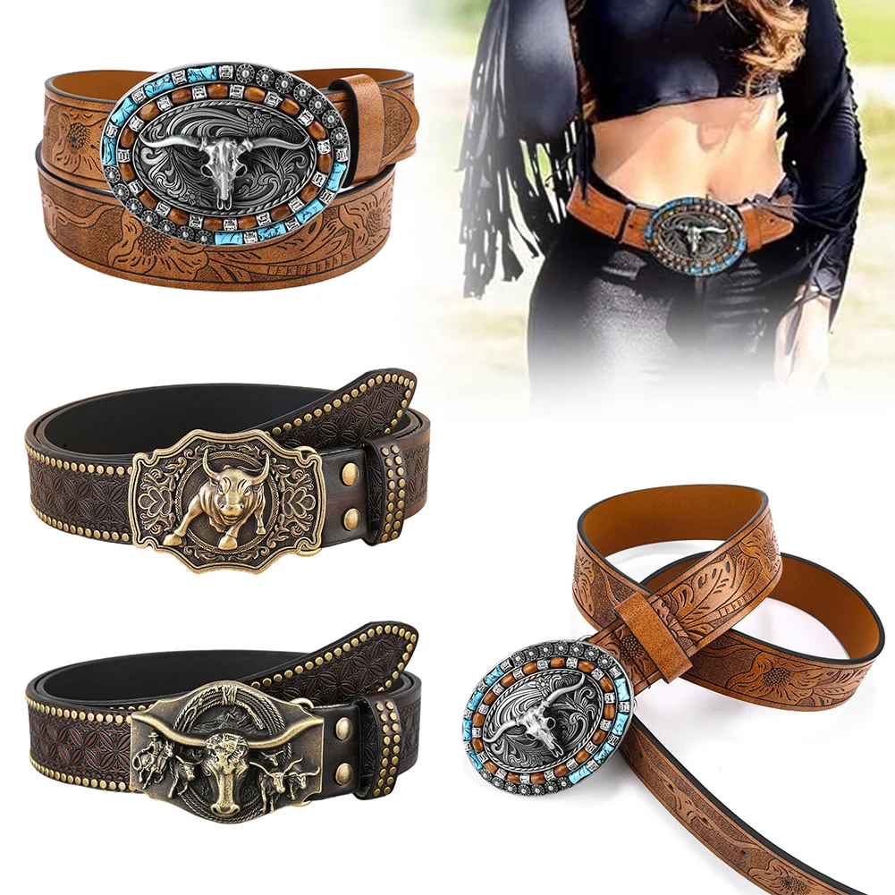 Vintage Design PU Leather Belt Men Punk-Embossed Westerns Denim Belt With Buckle Adjustables Soft Belt 110/115//120/125cm
