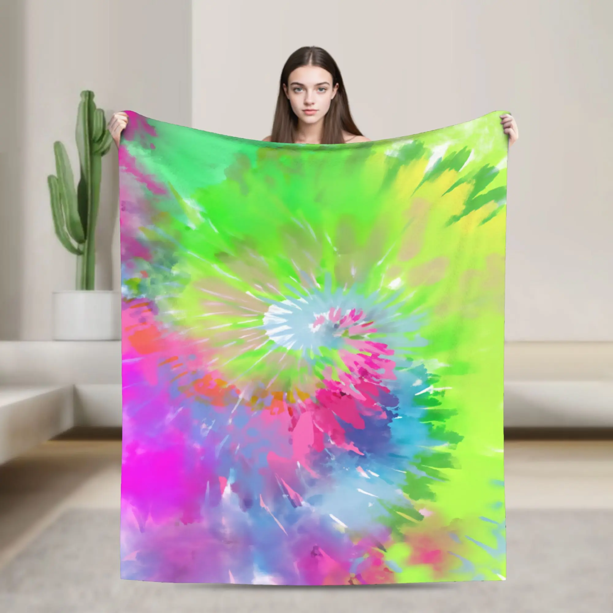 Green Pink Burst Tie Dye Throw Blanket Warm Comfy Graphic Blanket  For Home Decor Plane Travel Flannel Bedspread Bed Cover
