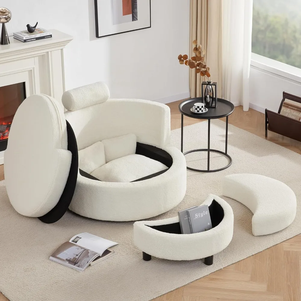 

Swivel Chair with Half Moon Storage Ottoman, Round Oversized Swivel Barrel Chair with Base Storage for Living Room