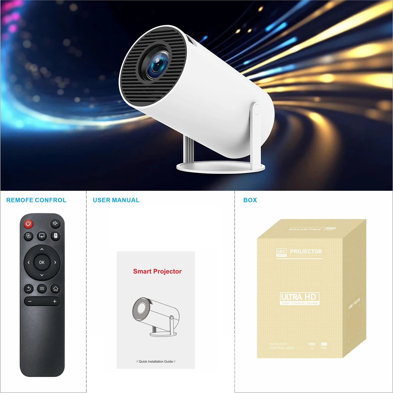 HY300PRO Mini Projector Dormitory 1280*720P Resolution Built-in Android 11.0 System Auto Keystone Correction 0°-180°
