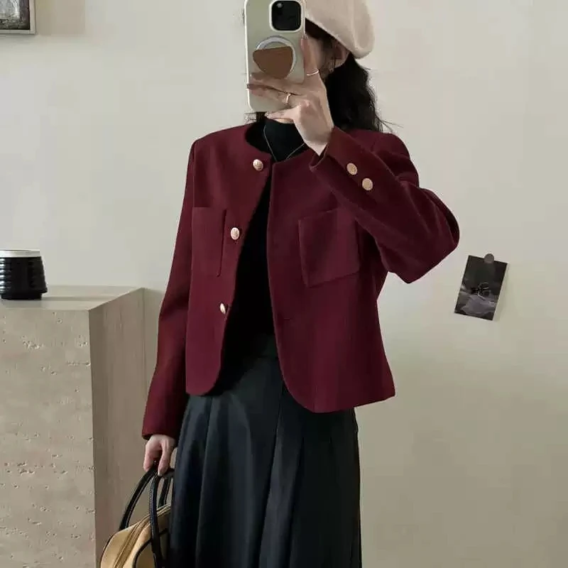 

Красное стеганое шерстяное пальто для женщин в корейском стиле, осенне-зимняя новинка, элегантное, женственное, для миниатюрных, топ-пальто