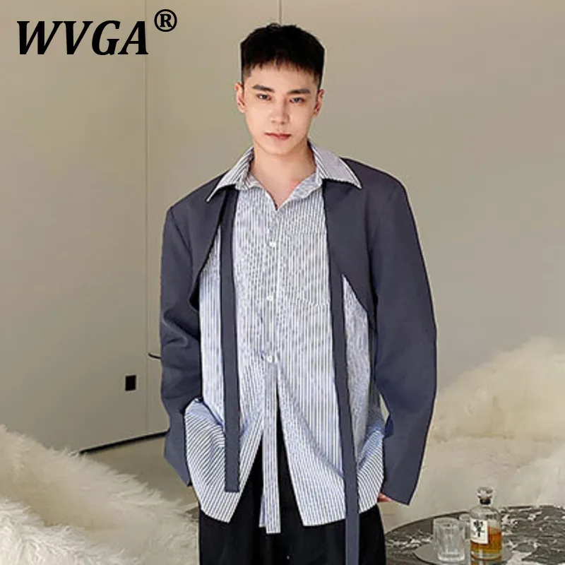 

WVGAspring Autumn New Man Tide High Street Поддельные двухсекционные модные рубашки с длинными рукавами Нишевые шикарные повседневные полосатые топы Ins Y2K W9769