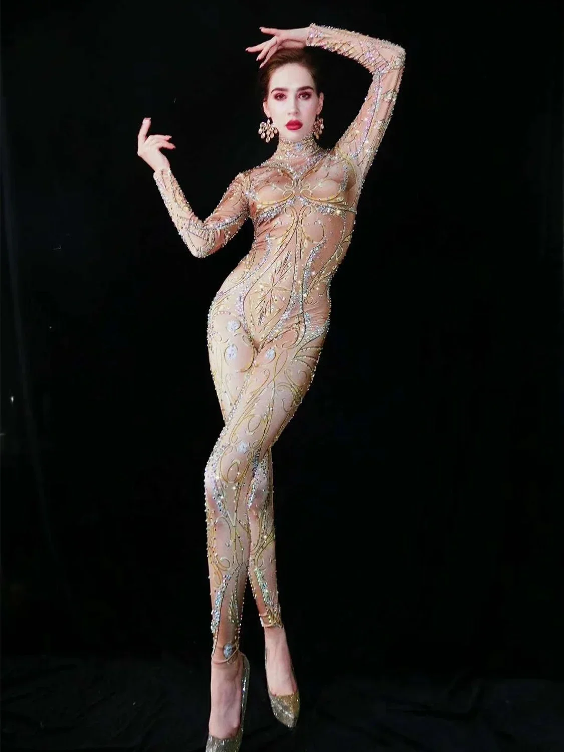 

Женские сексуальные комбинезоны телесного цвета со стразами и длинными рукавами для ночного клуба, диджея, сценические костюмы певицы и королевы, праздничная одежда 2025