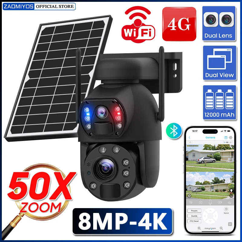 4K Dual Screen WiFi PTZ Security Protection Solar Camera 8MP 50X Optical Zoom Outdoor Surveillance Wireless 4G SIM CCTV IP Cam