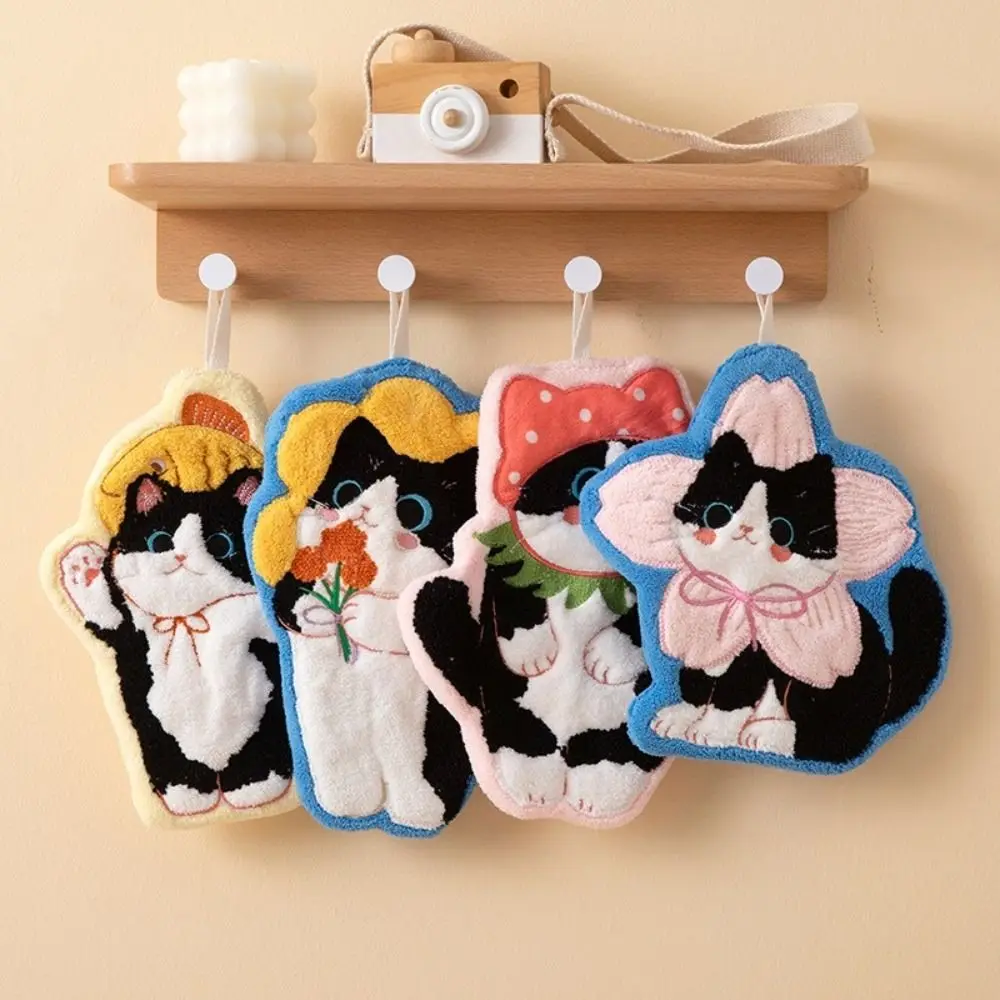Cute Cat Hand Towel Coral Fleece Strong Water Absorption Bathroom Kerchief Hanging Style Soft Washcloth Kitchen