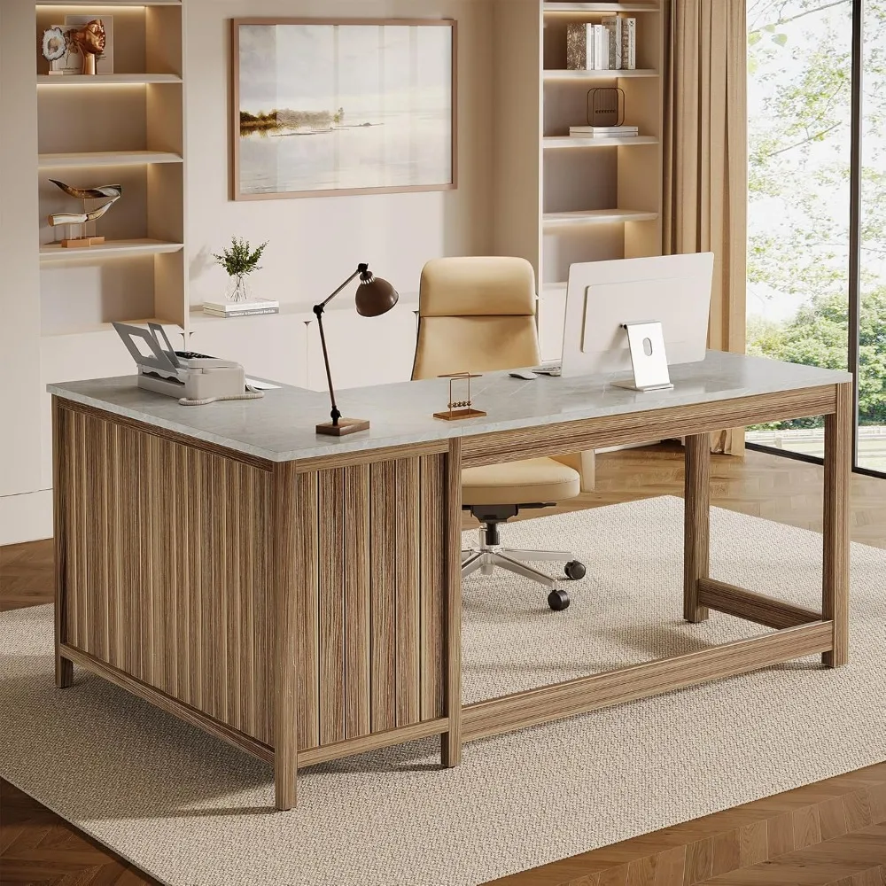 

L-Shaped Executive Desk, 57" Executive Computer Desk with Storage Shelves and Faux Marble Desktop, Study Writing Table Workstat