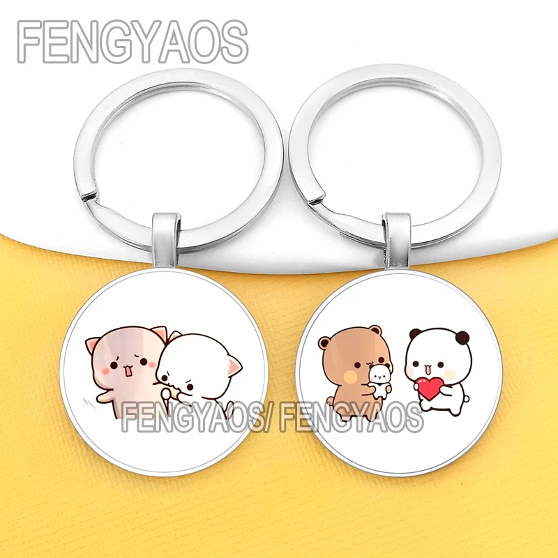 Cute Panda and Bear Keychains for House Cartoon Peach and Cat Key Chains for Women Lovely Purse Bag Keyring for Girls