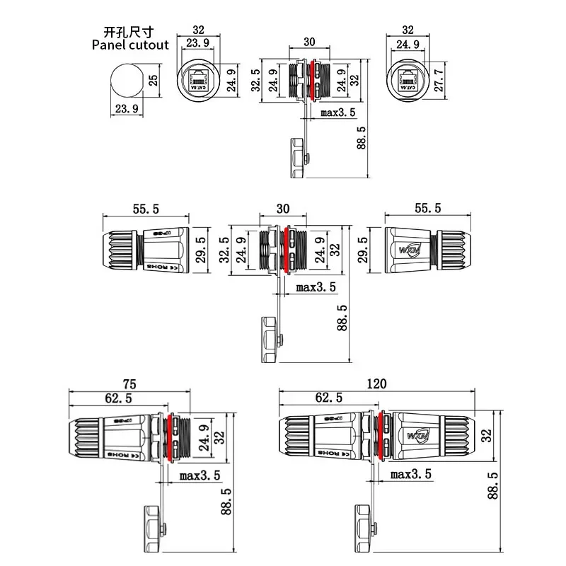 M25 CAT6/CAT6A RJ45 with Shield Network Waterproof Connector Panel Type Gigabit/10 Gigabit Aviation Plug 8Pin Gold Plating IP68