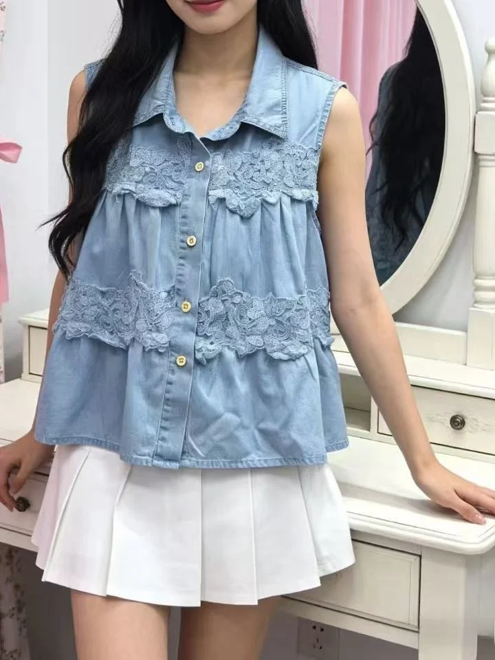

Ретро-жилет из денима с кружевным воротником и цветочной вышивкой, без рукавов, женский, свободный, укороченный, молодежный, модный топ в повседневном стиле, хлопок