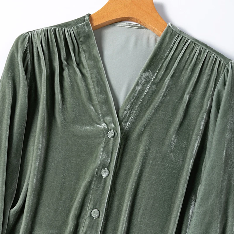 100% Mulberry Silk Lining Women Velvet Silk Shirt Pea Green V Neck Long Sleeve Buttons Down Top Blouse Office Lady M L XL M1233