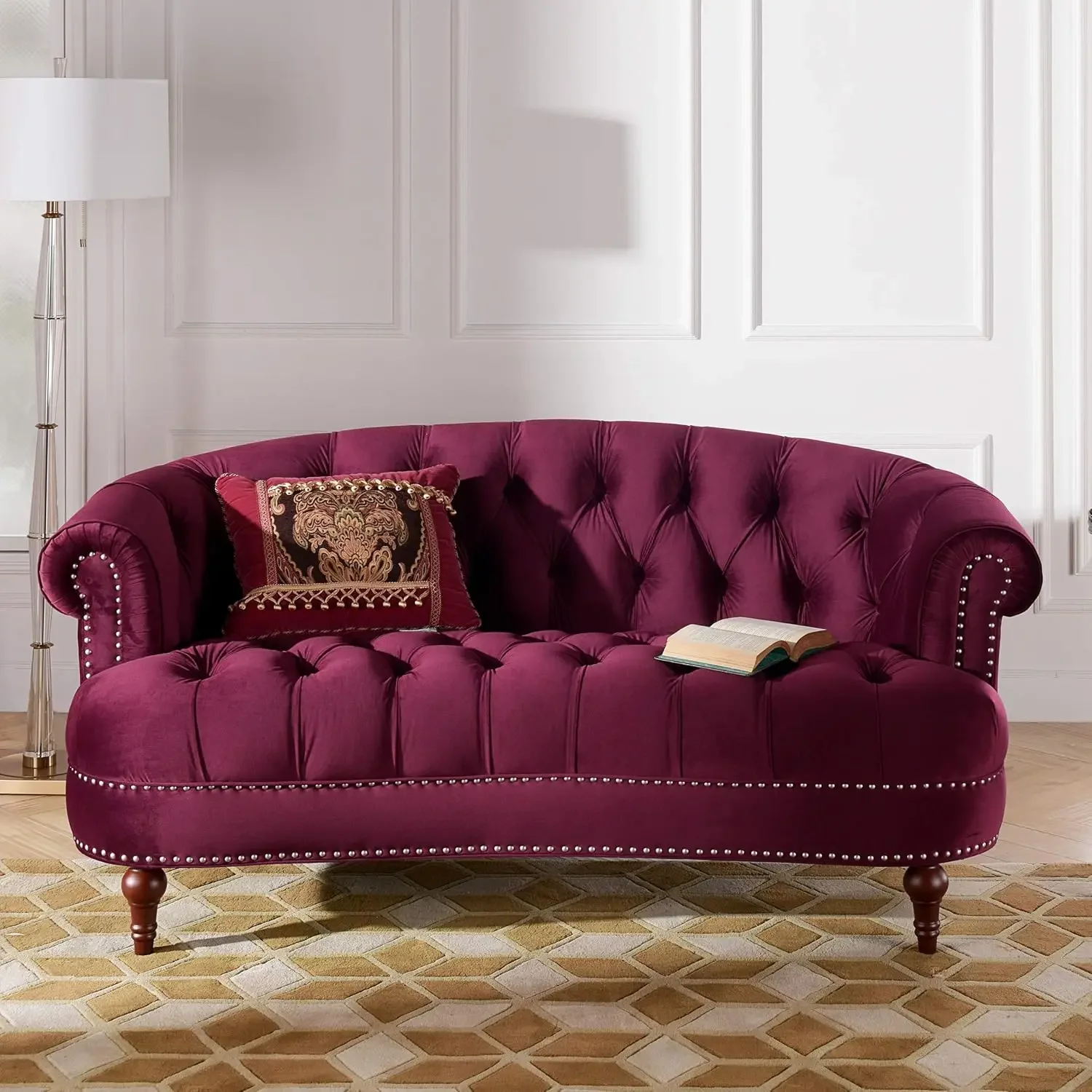 Taylor Home La Rosa Victorian Chesterfield Loveseat, Burgundy Velvet