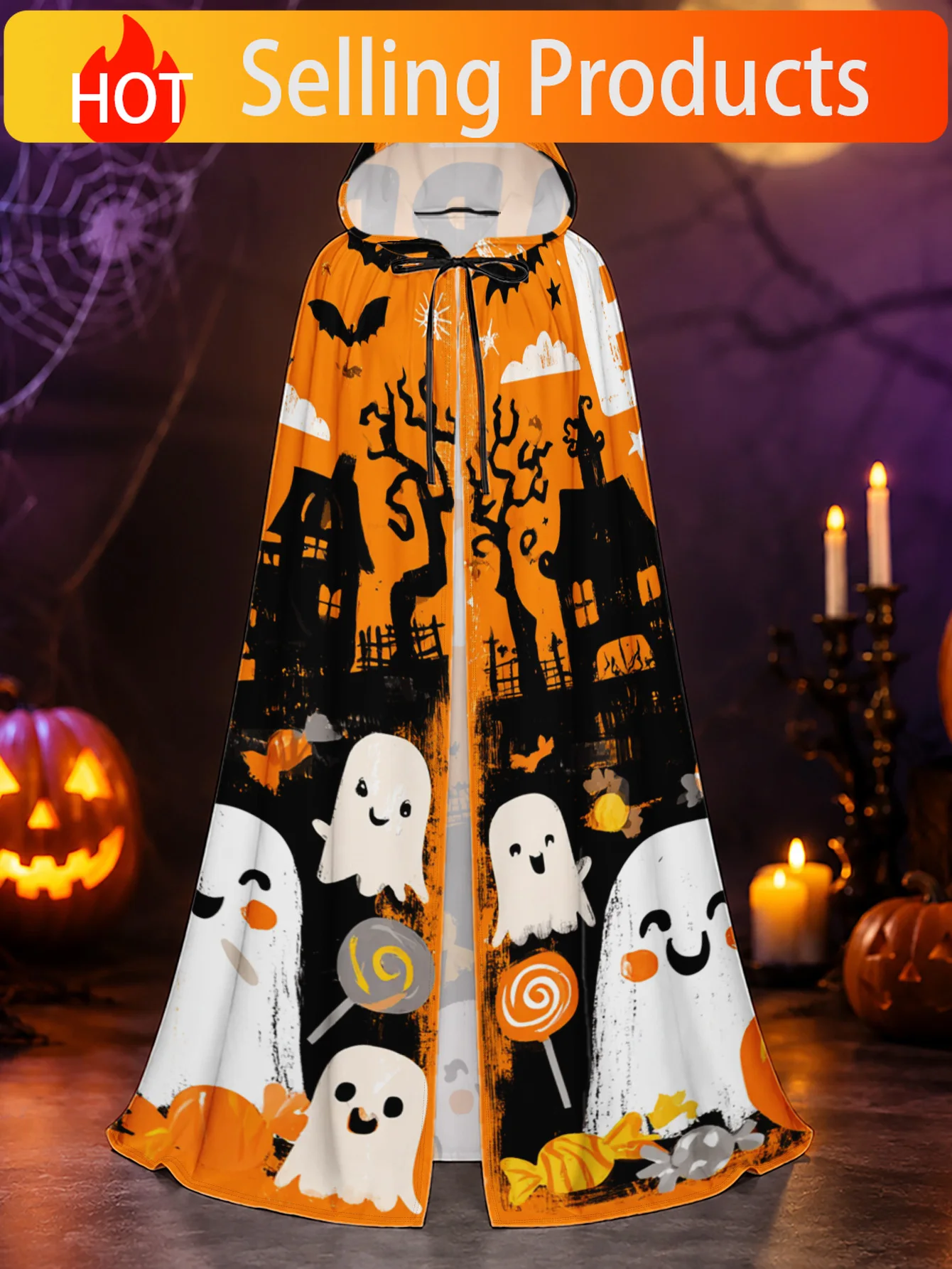 1pc Hooded Witch Cape/Halloween Ghosts And Pumpkins Pattern/Costume Robe for Men And Women/Halloween Night Events, Christmas Dre