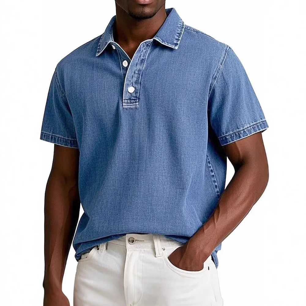 New Men's Fashion Solid Color Retro Short-sleeved Lapel Polo Shirt