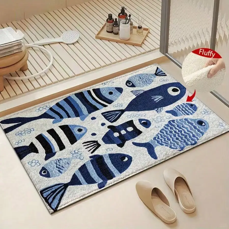 1pc Blue Striped Fish Pattern Super Soft Microfiber Bathroom Rug, Non-Slip Plush Bath Mat, Doormat, Absorbent Bathroom Mat, Machine Washable, Low Pile, TPR Backing, Knitted Fabric, Suitable For Bathroom, Bedroom, Kitchen, Entryway, Indoor & Outdoor Use,