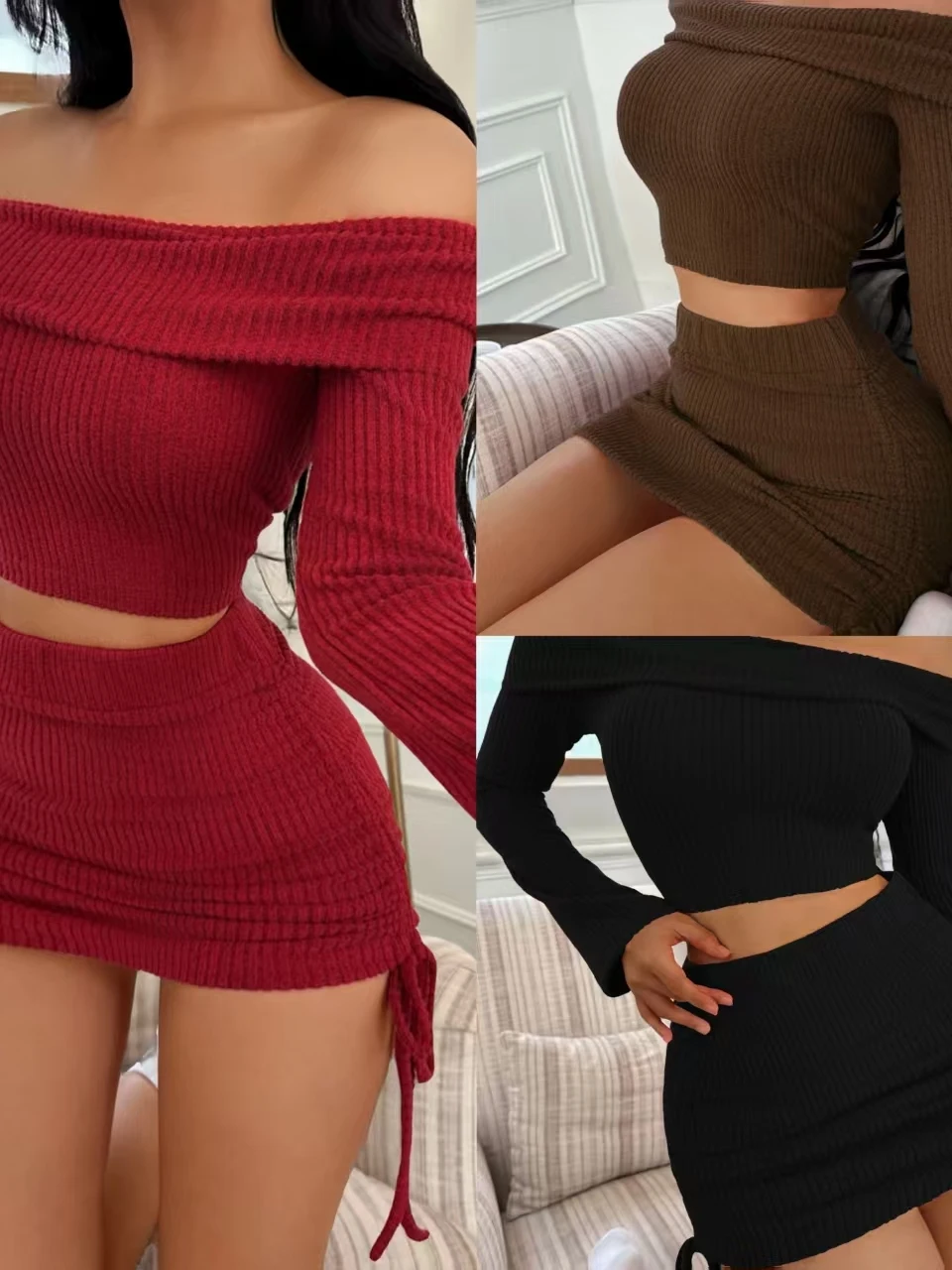 Nuevo conjunto de falda de punto con un solo hombro y falda de cintura alta, traje de dos piezas Faion Slim Fit largo Sve High Ne para mujer, otoño...